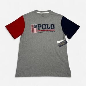 Polo Ralph Lauren Boys USA Flag Graphic Colorblock T-Shirt Gray Red Blue L 14-16